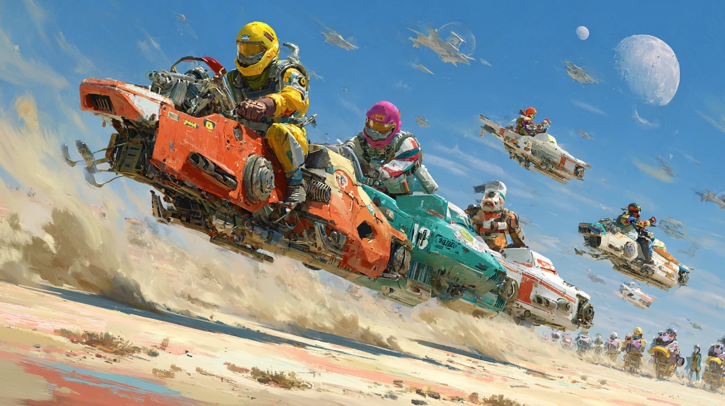 High speed land speeder race across a vivid desert