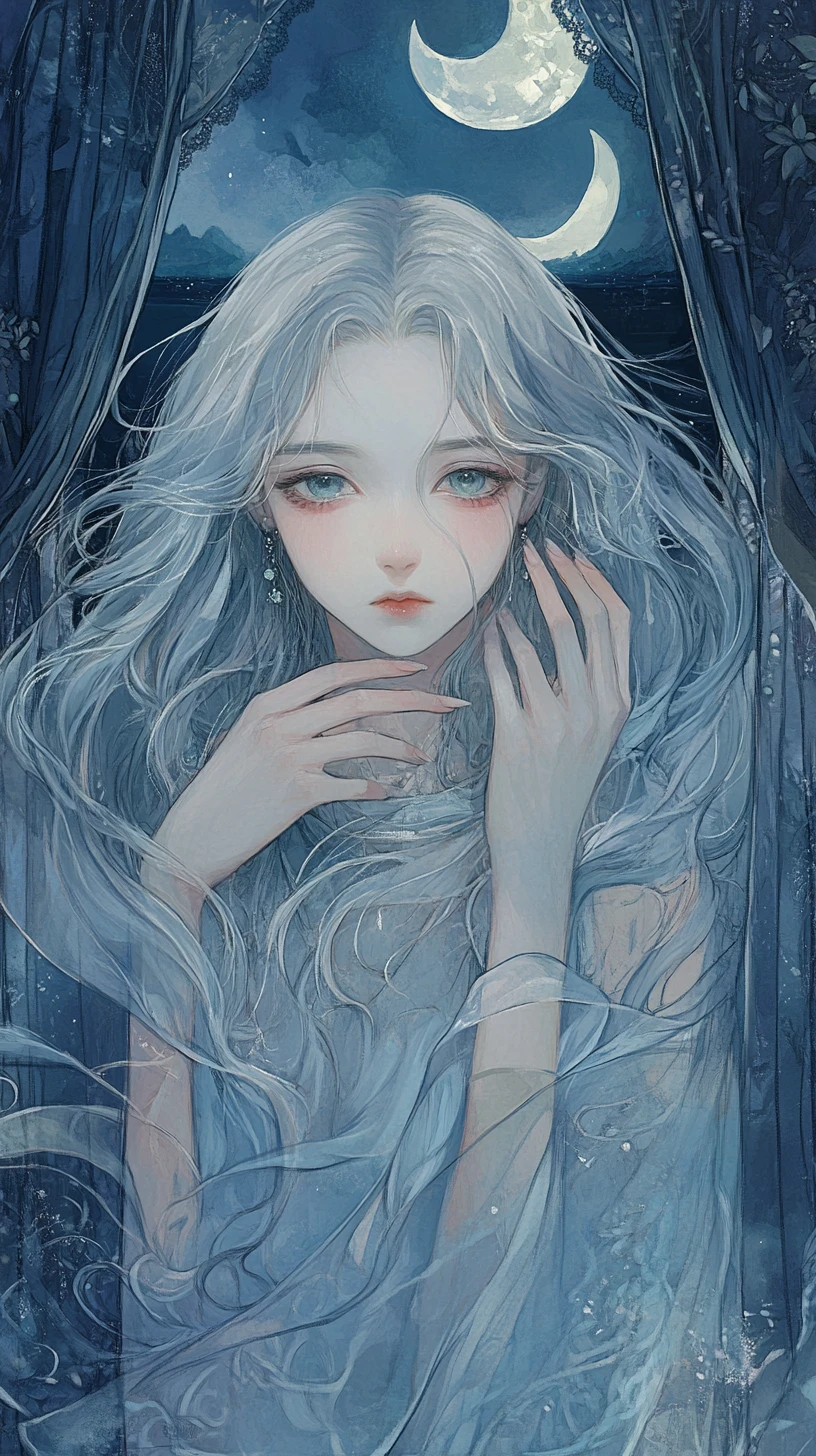Anime girl with silver hair before moons and lake