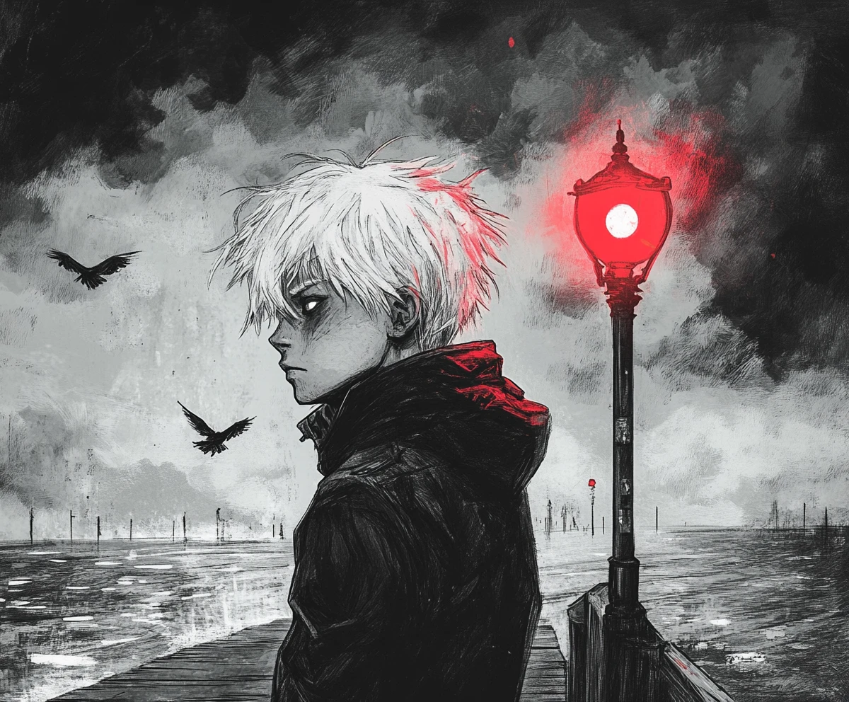 Young man under red streetlight on a misty pier