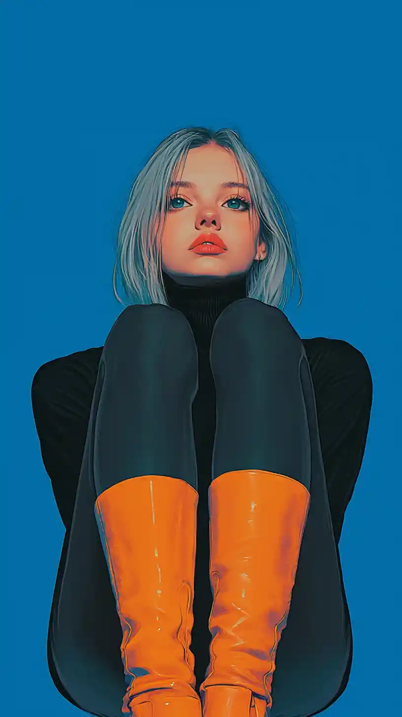 Pensive girl in black turtleneck with vivid orange boots