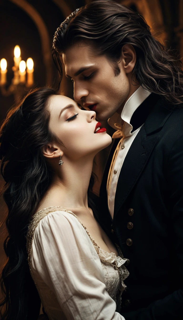 Vampire Man Biting A Woman In Dramatic Gothic Close Up