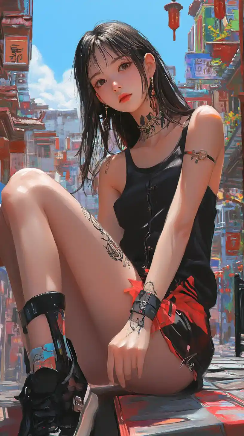 Anime girl on temple steps in a colorful cityscape