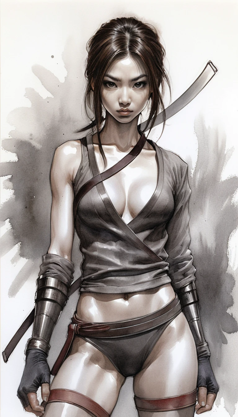 Athletic Asian warrior woman in dark cinematic portrait