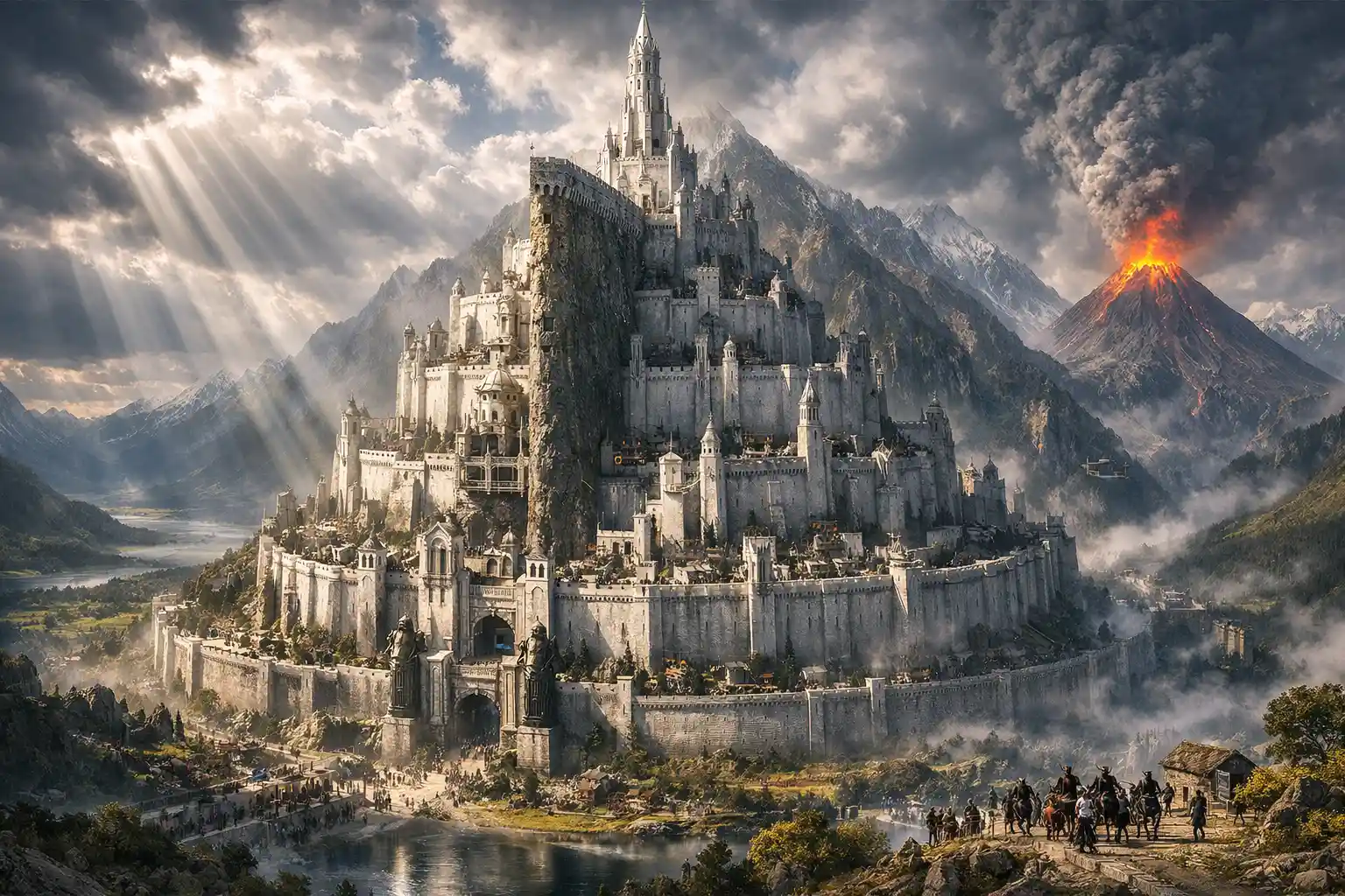 Wide view of a luminous fantasy city fortress at night