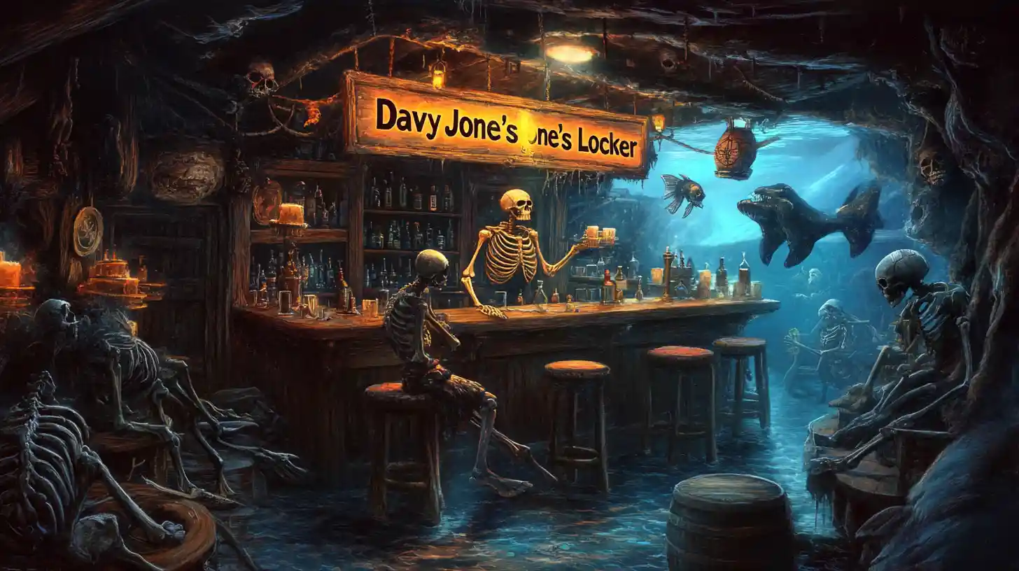Skeleton pirate bartender in an underwater shipwreck tavern