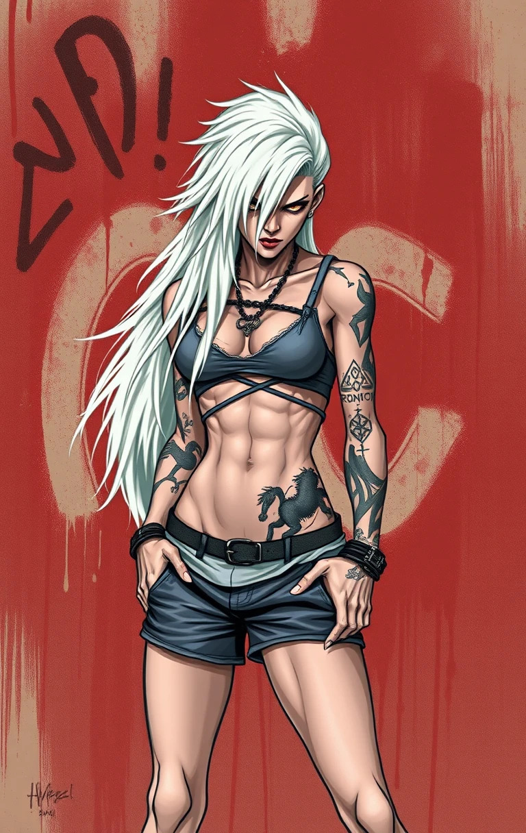 Androgynous rebel with tattoos against gritty graffiti wall