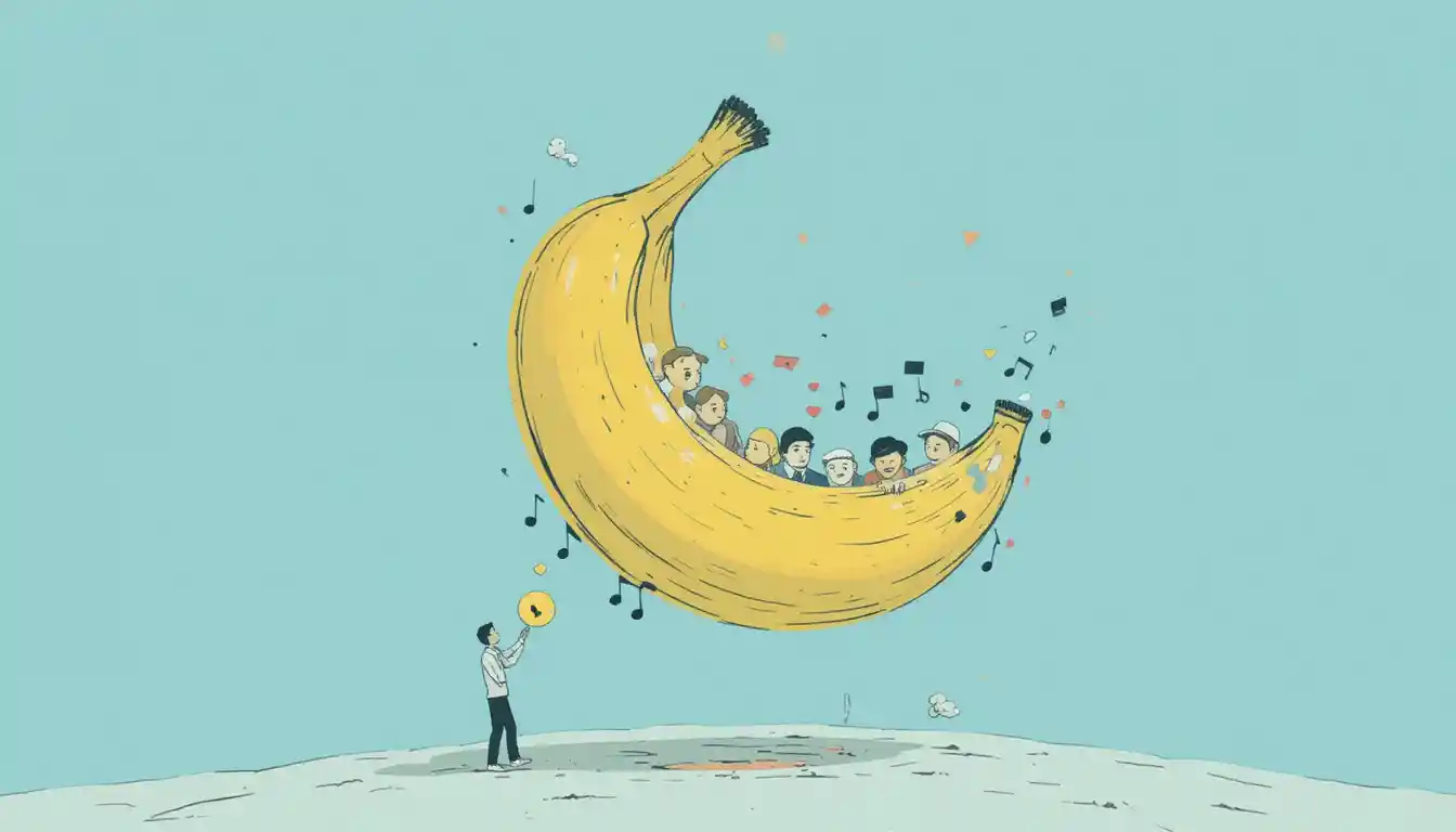 青い背景に音楽キャラクターと遊び心のあるバナナイラスト