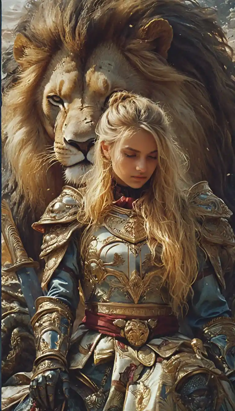Blonde Kriegerin, die mit einem majestätischen Löwenwächter ruht