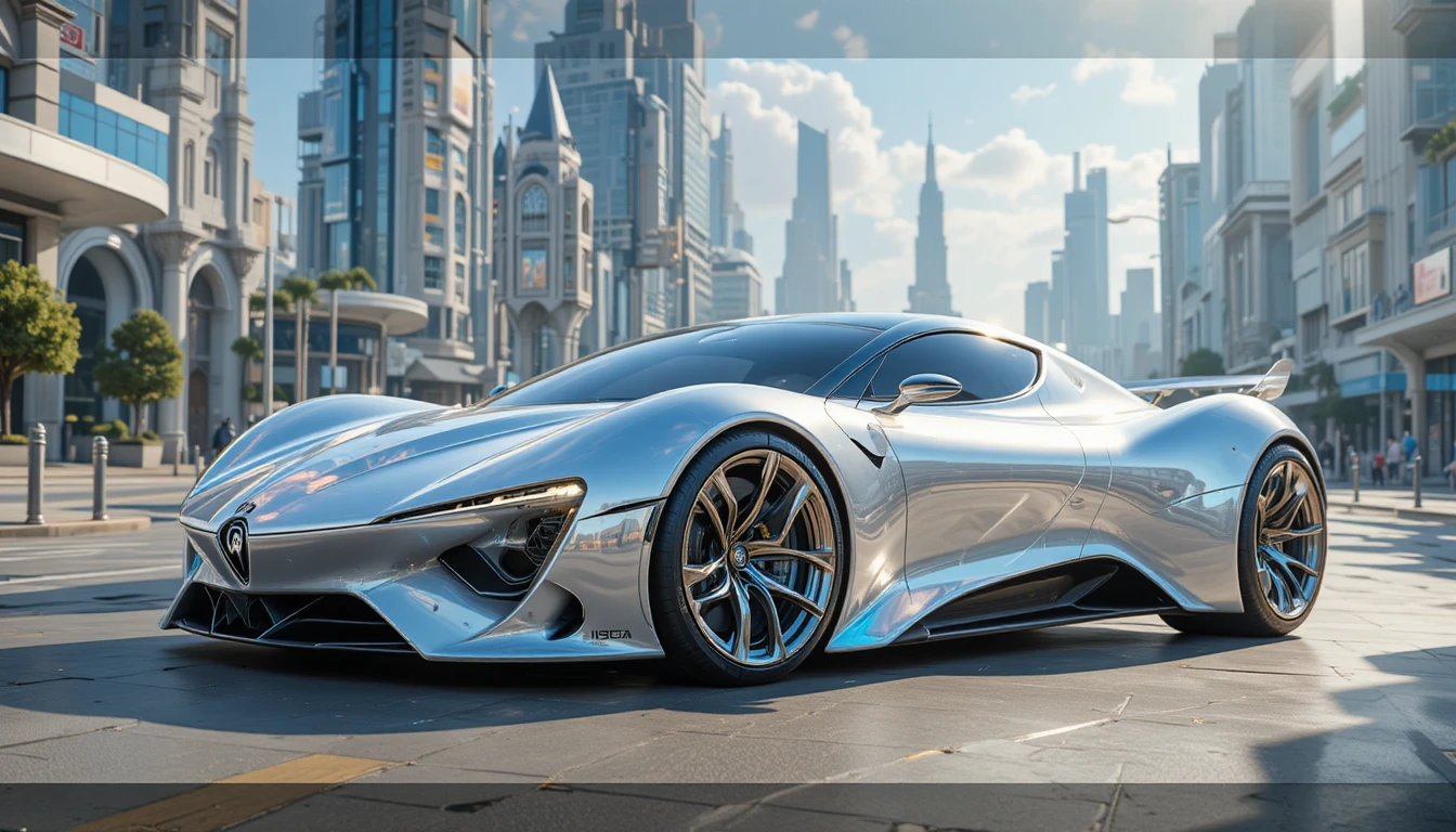 Carro esportivo futurista branco perolado em rua serena da cidade