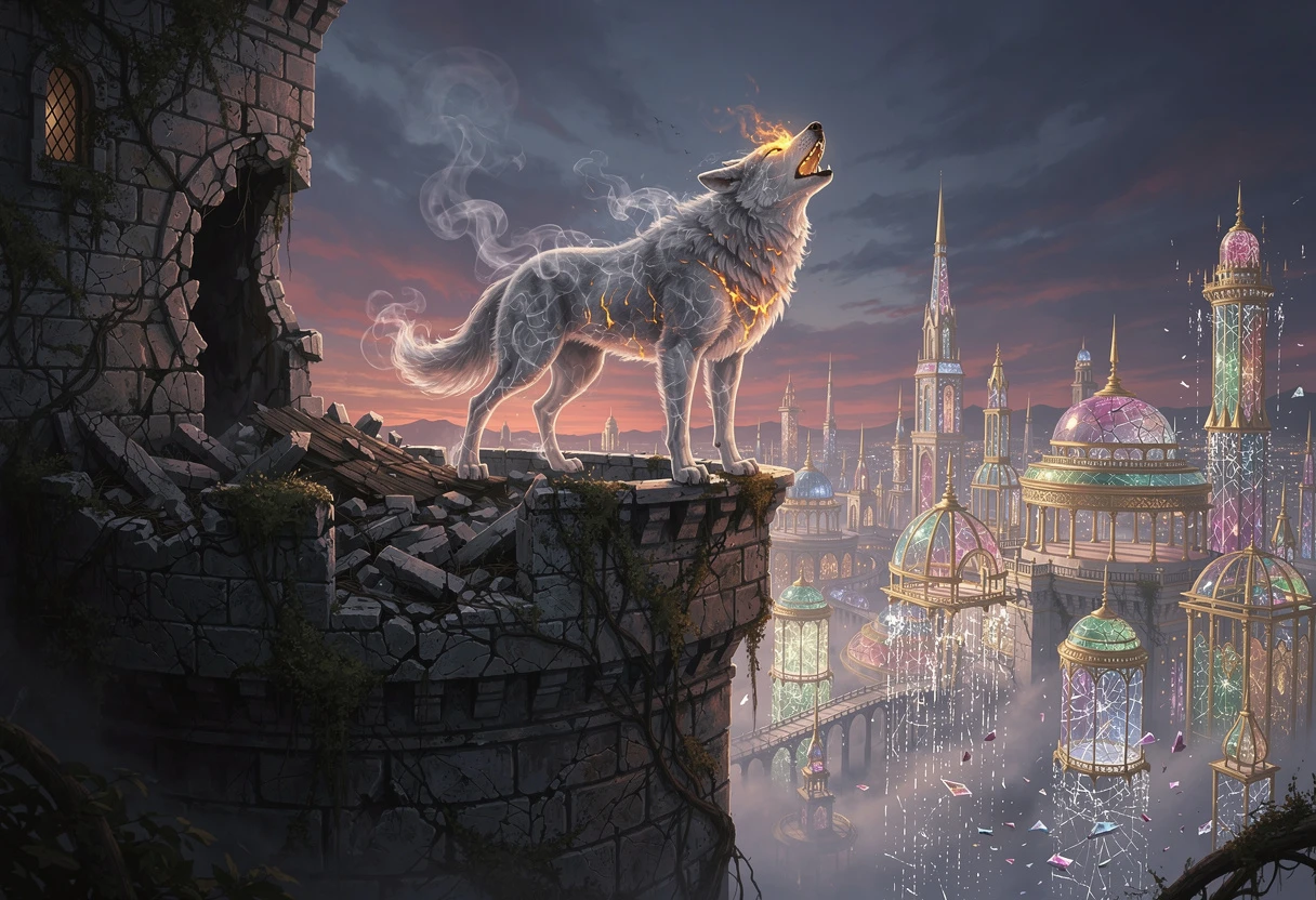 Rauchiger Geisterwolf auf einem verfallenen mittelalterlichen Steinturm