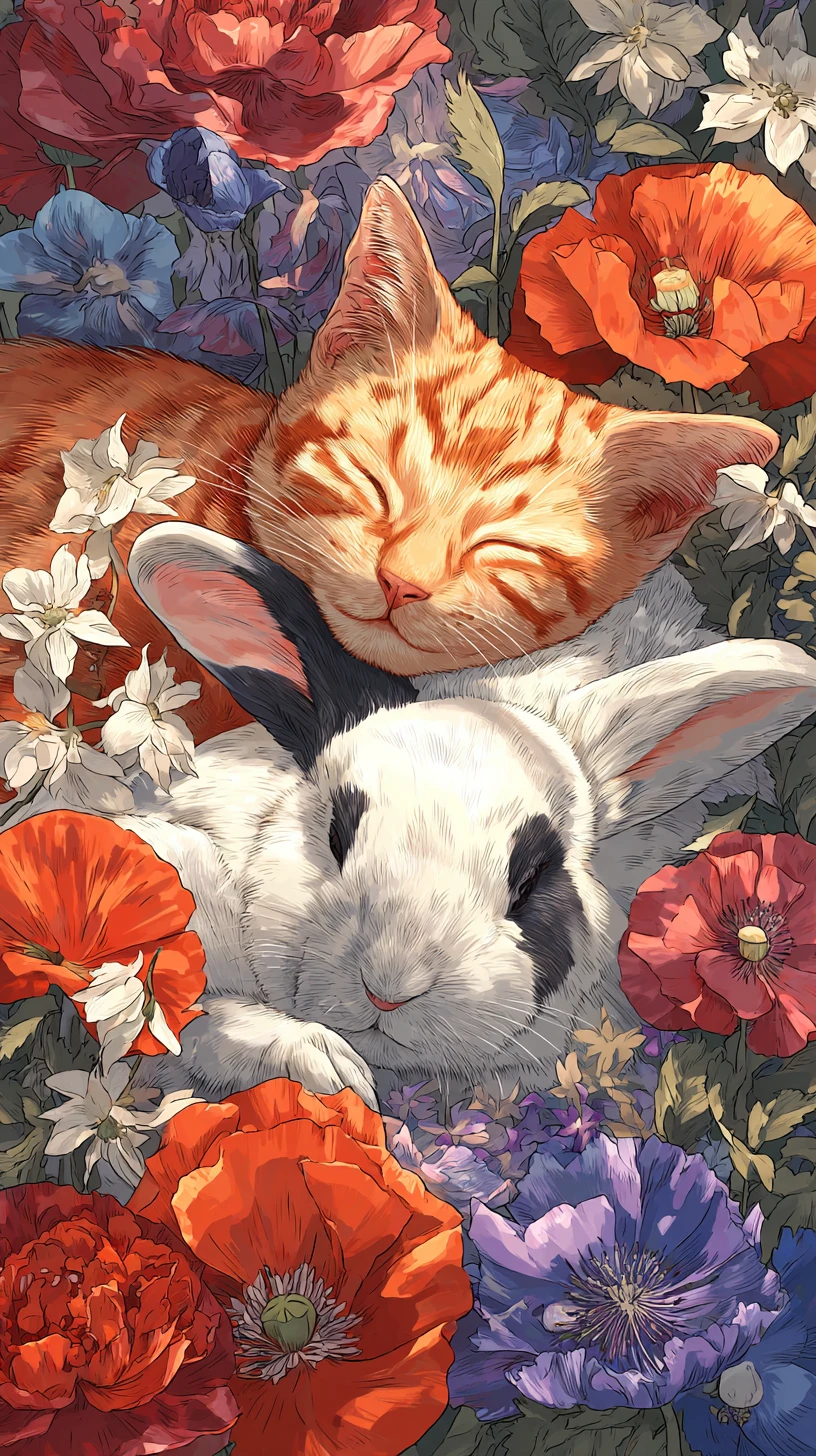 Gato y conejo durmiendo entre coloridas flores de jardín