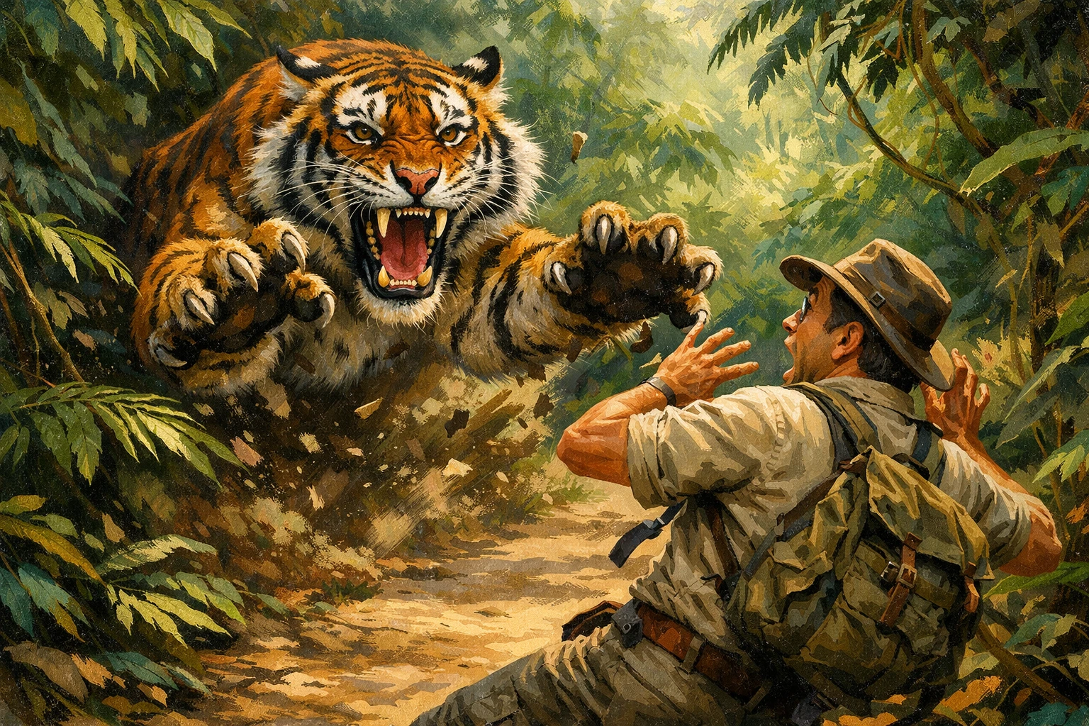 Tigre de Bengala rugiendo se lanza sobre un hombre en un sendero de la jungla