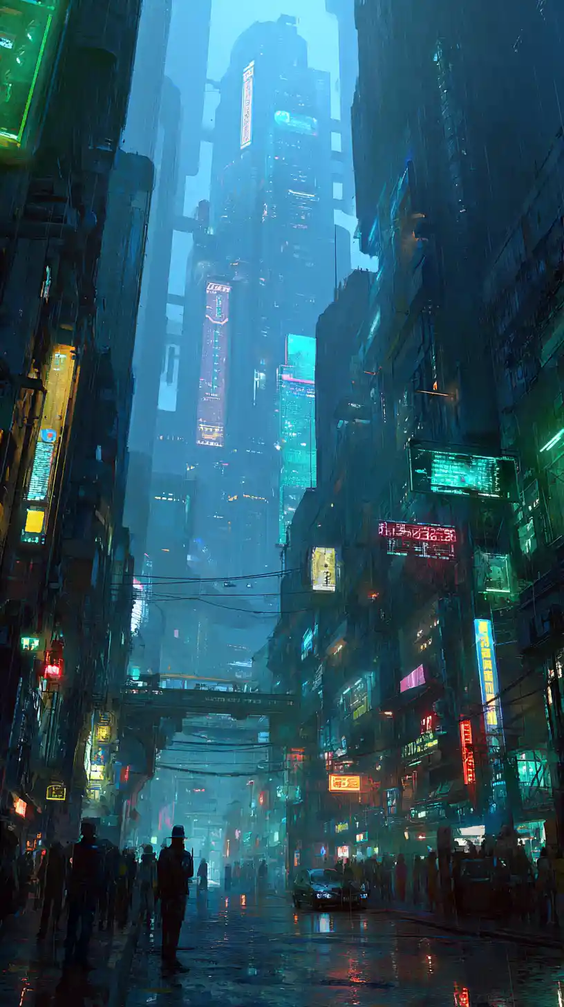 Futuristic cyberpunk city street with neon lights and traffic