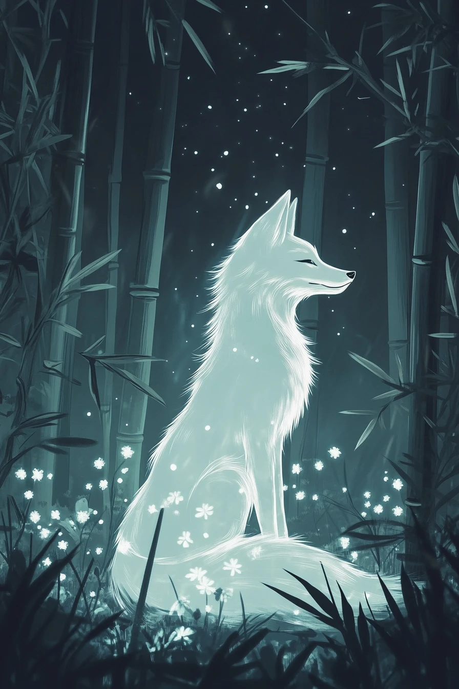 Moonlit fox in a tranquil bamboo grove illustration
