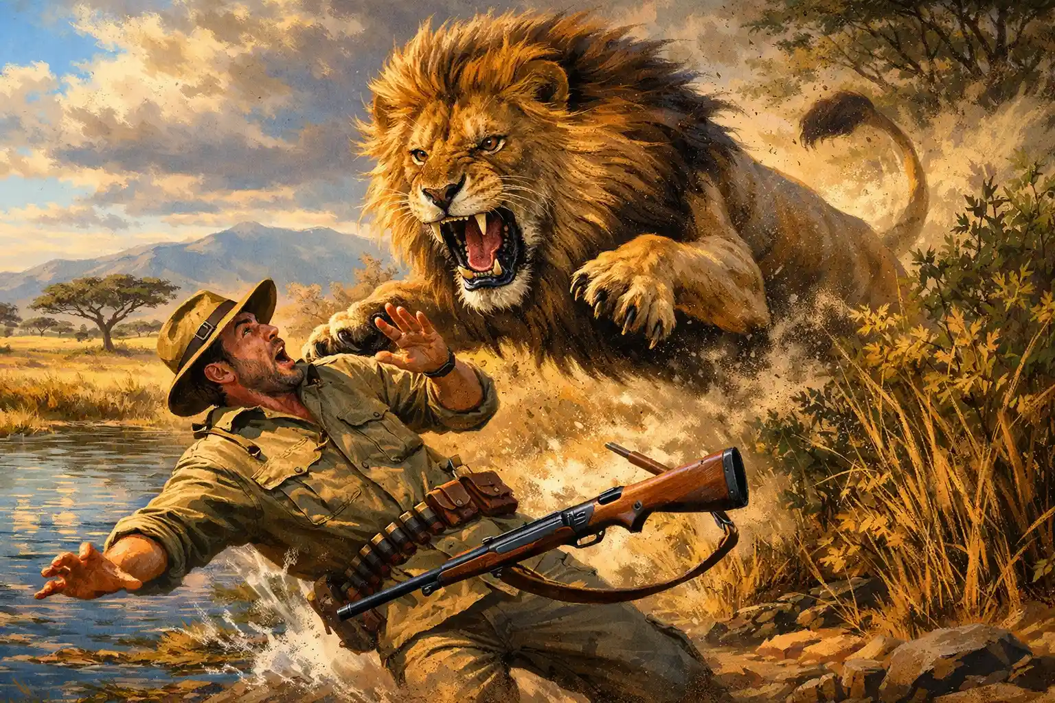 León atacando a cazador cerca de un abrevadero en la sabana africana