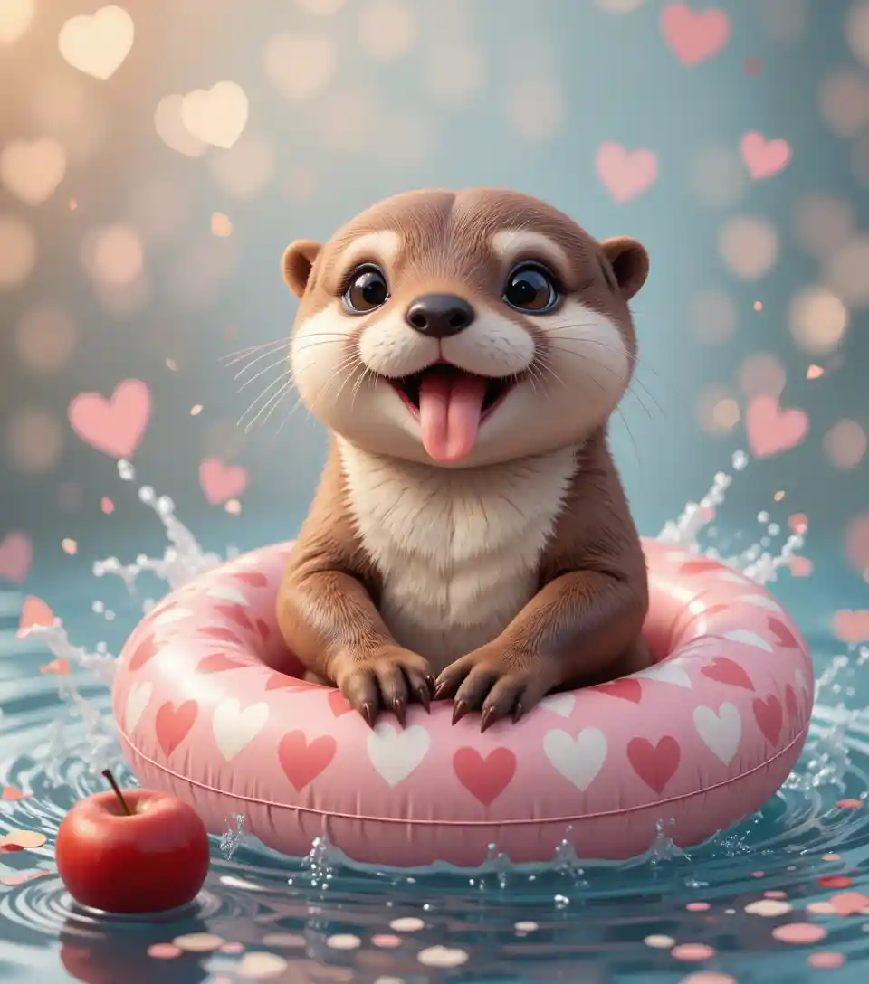 Tierno bebé nutria flotando en un flotador de corazón