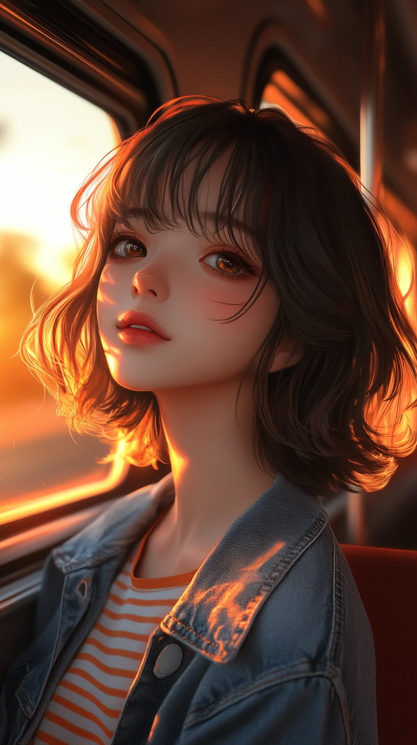 Anime girl leaning from a sunlit train window