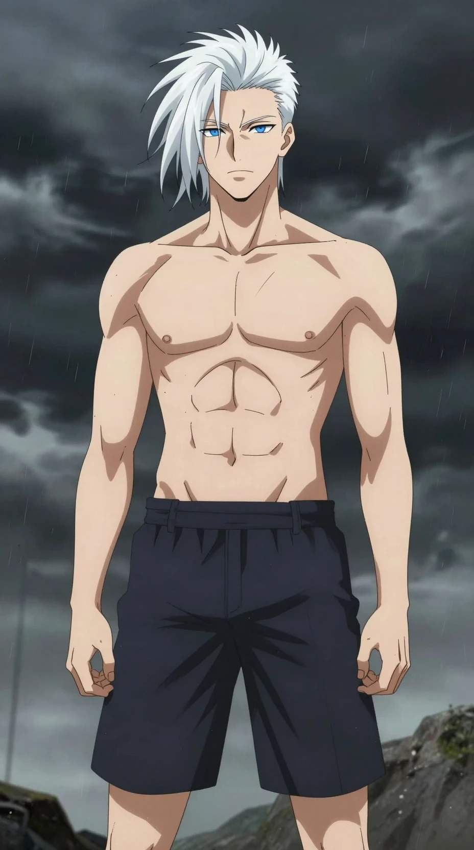 Hombre de anime de cabello blanco en escena exterior tormentosa