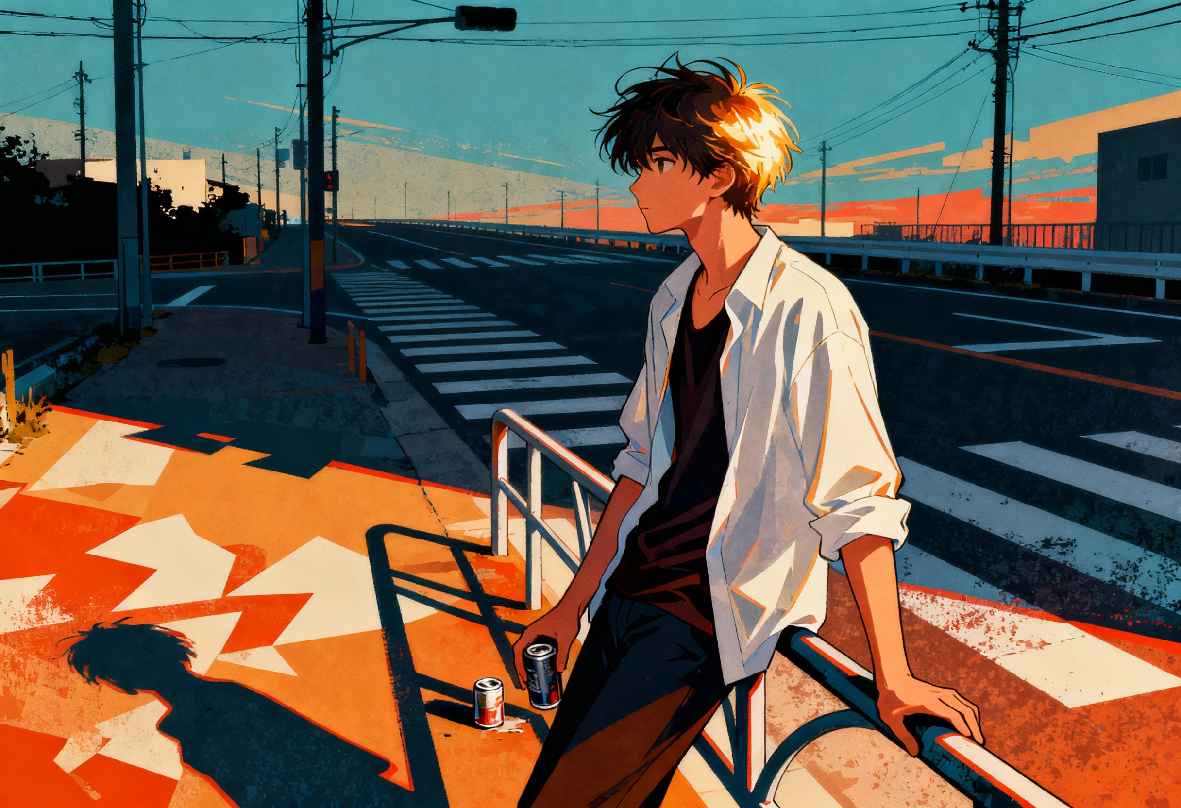 Young man resting on an overpass in warm evening light