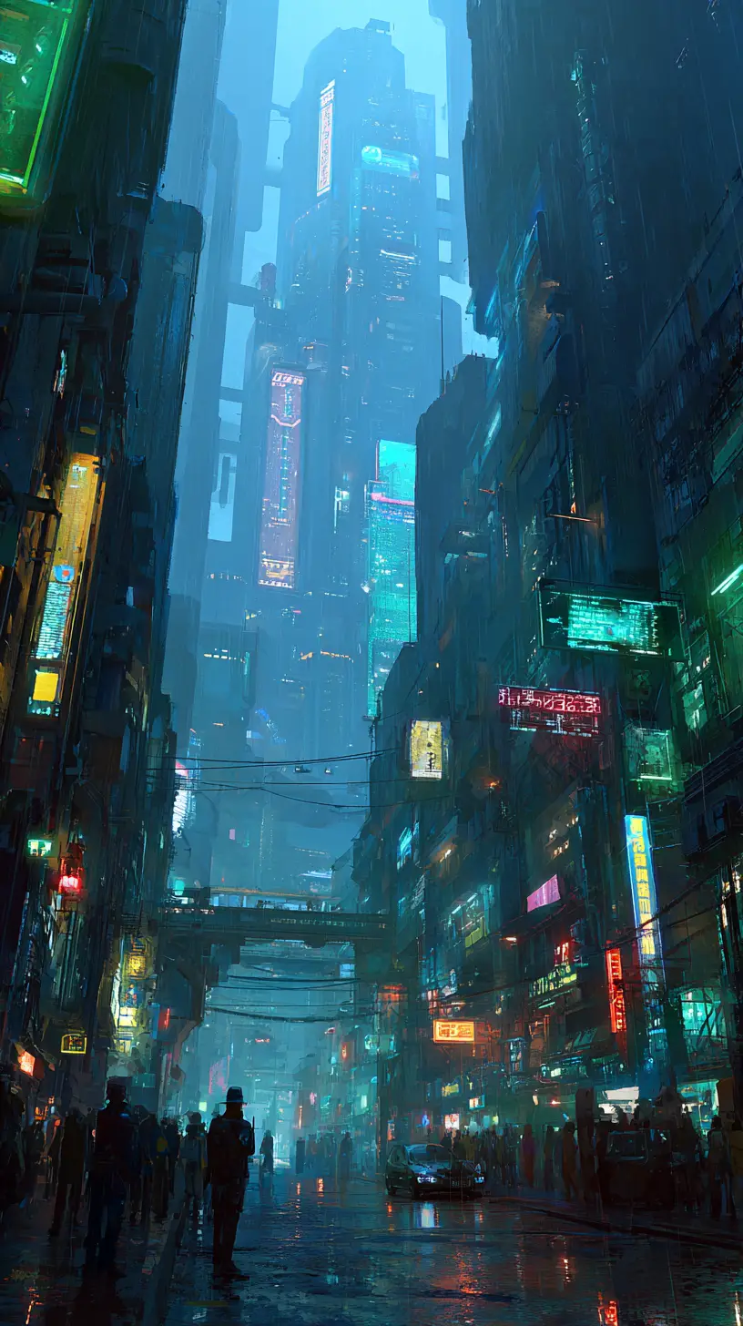 Futuristic cyberpunk city street with neon lights and traffic