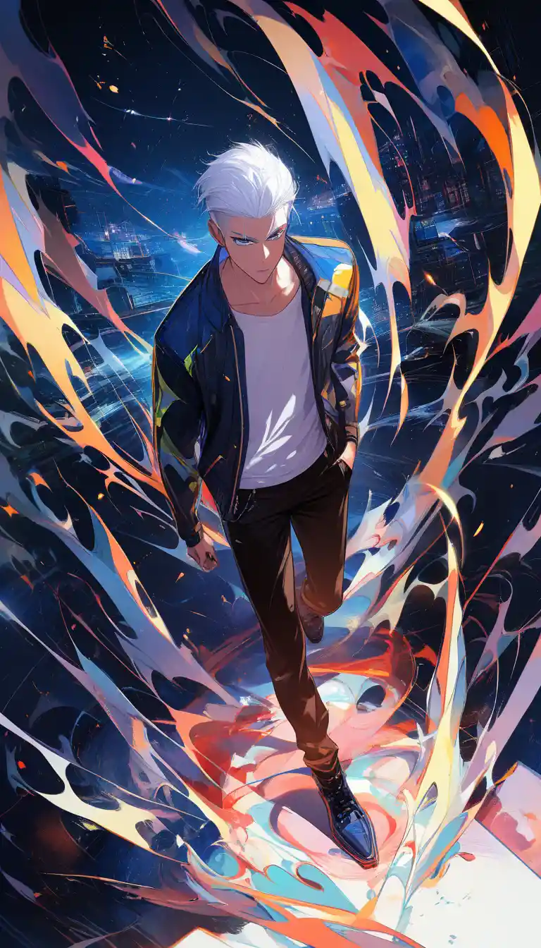 Hombre de anime de cabello blanco en retrato completo bajo tormenta