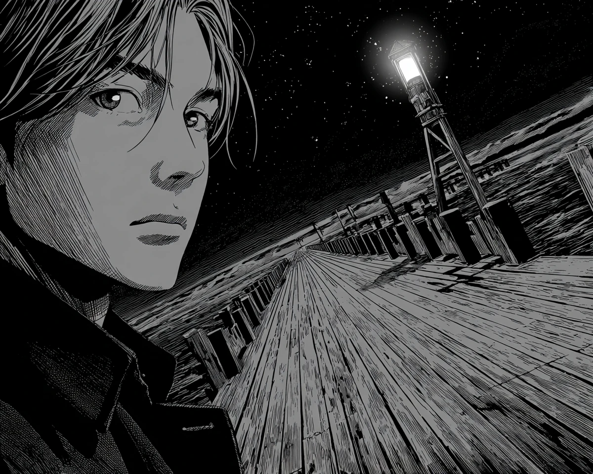 Handsome man on a deserted pier in manga horror style