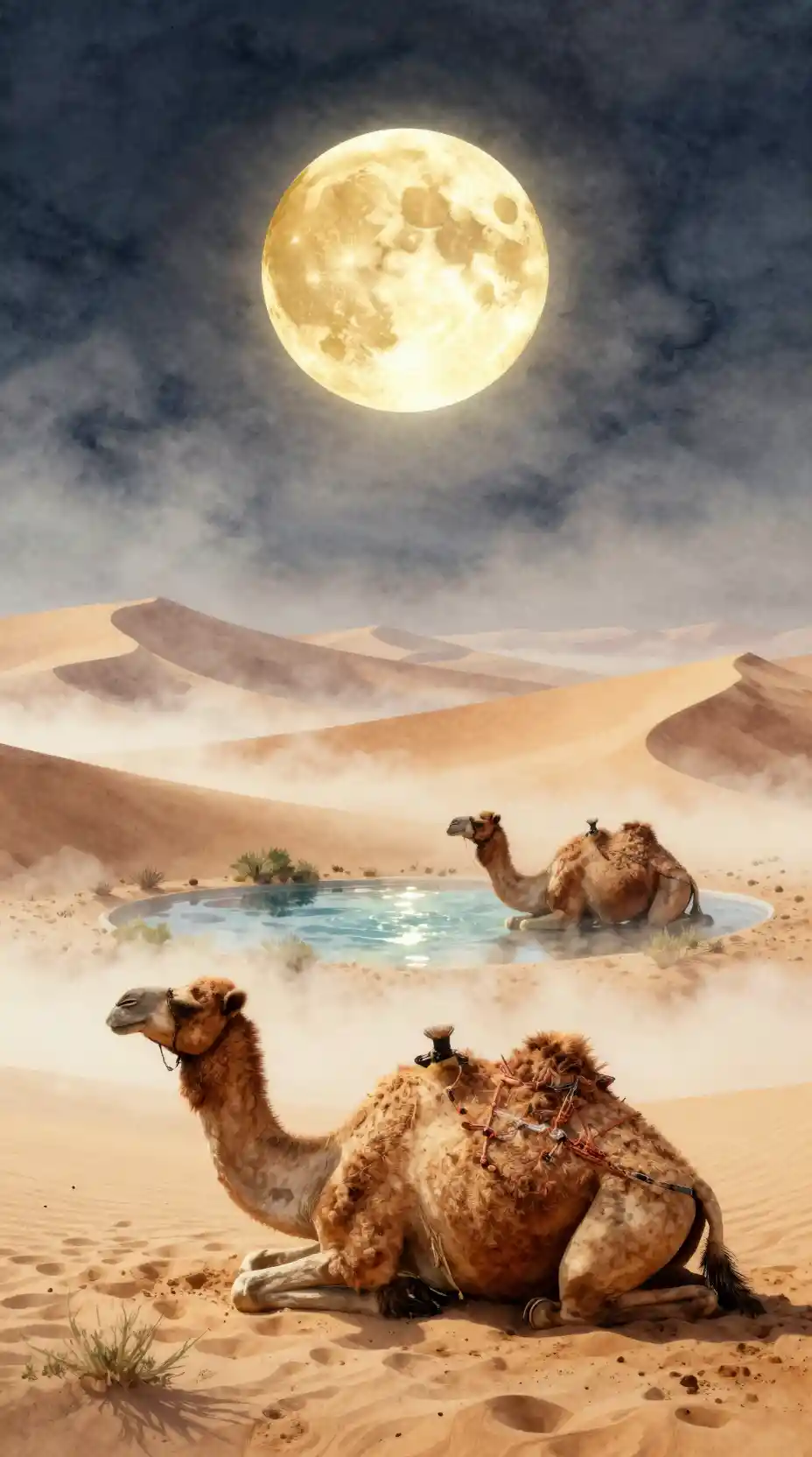 Surreal desert oasis with resting camel under glowing moon