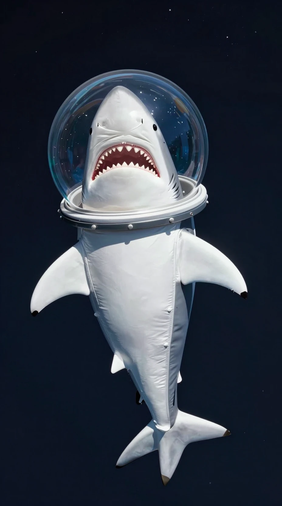 Tiburón blanco con un traje de astronauta con forma de tiburón en el espacio