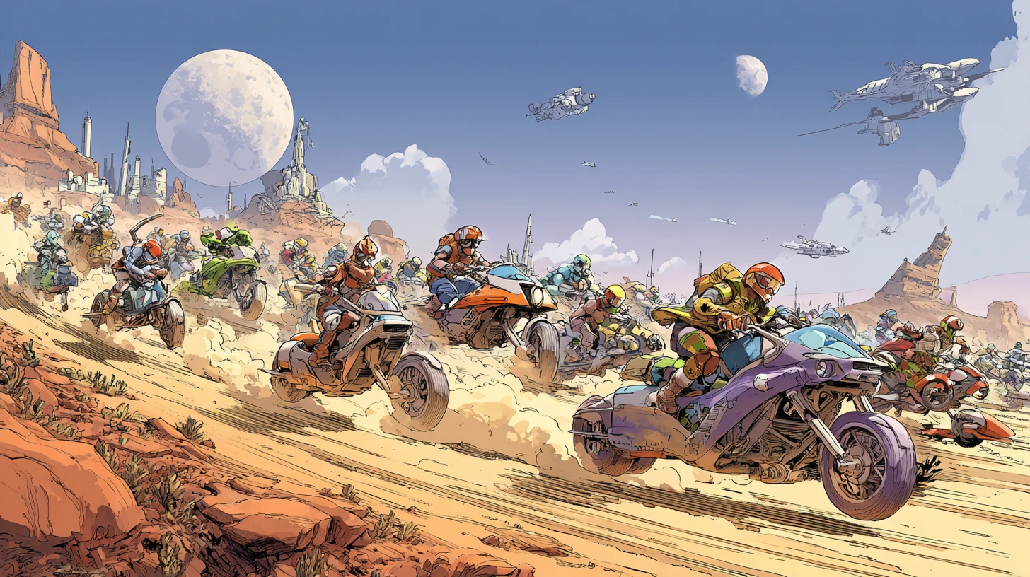 Homemade land speeders racing across a colorful desert