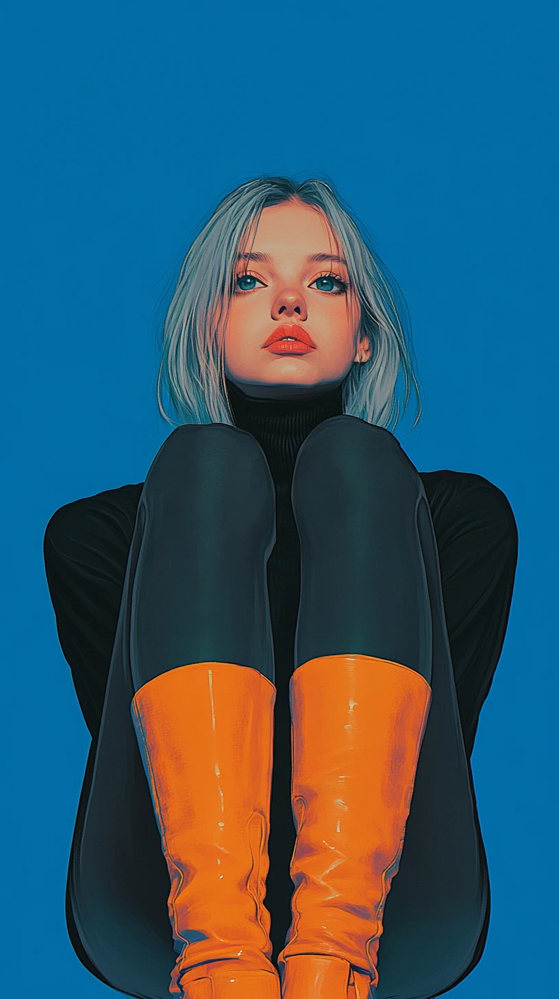 Pensive girl in black turtleneck with vivid orange boots