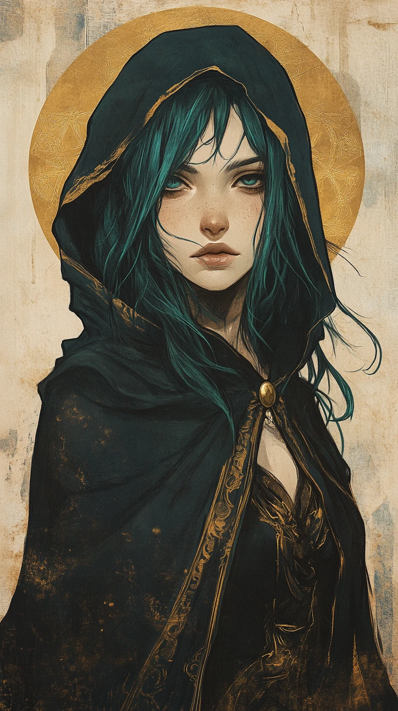 Mysterious teal haired girl in cloak with alchemy symbols