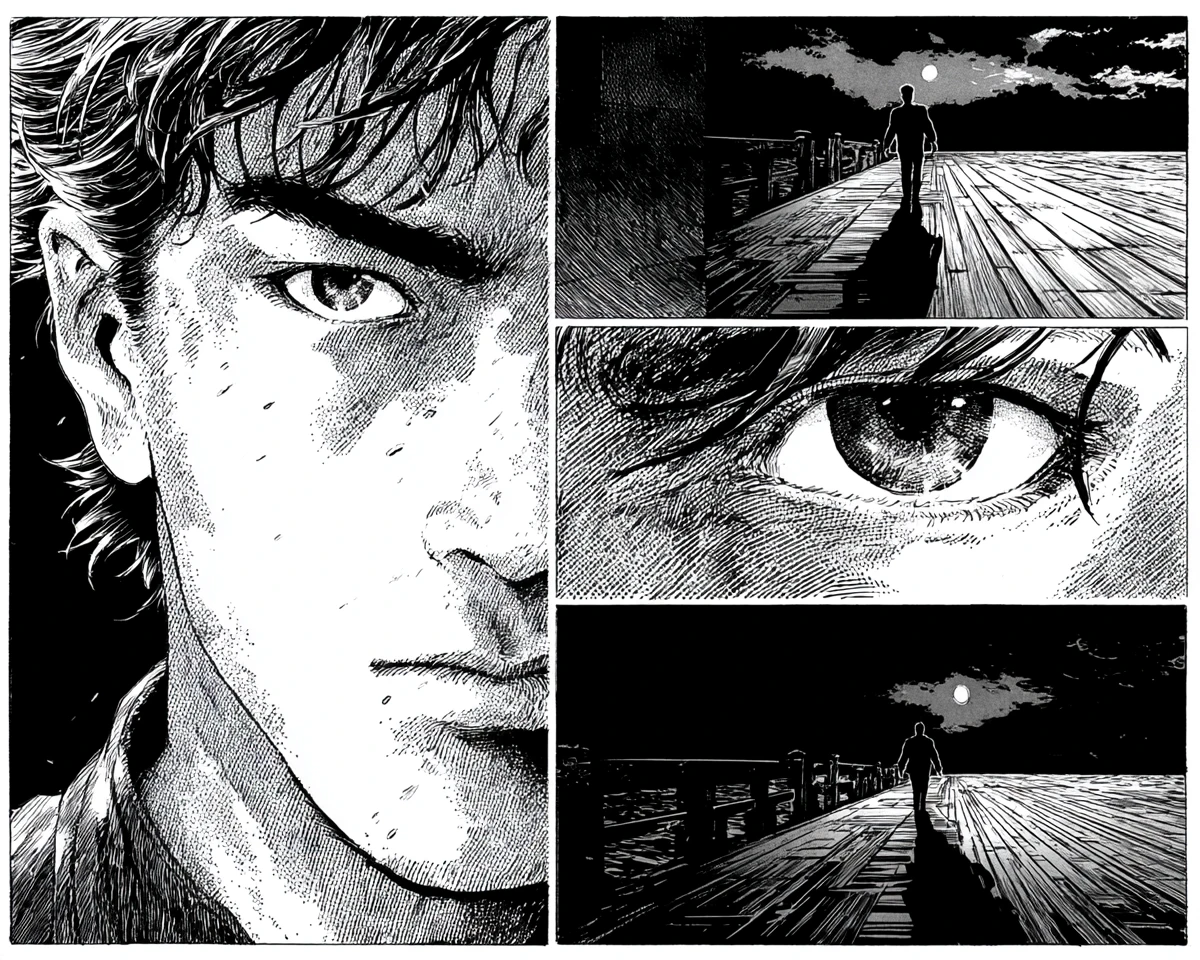 Handsome man on a deserted pier at night in manga style