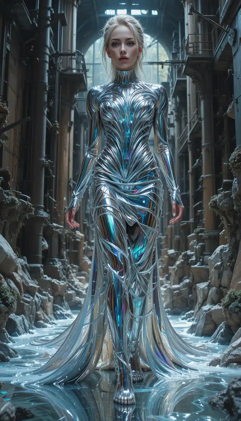 Surreal couture woman formed from flowing chrome landscape