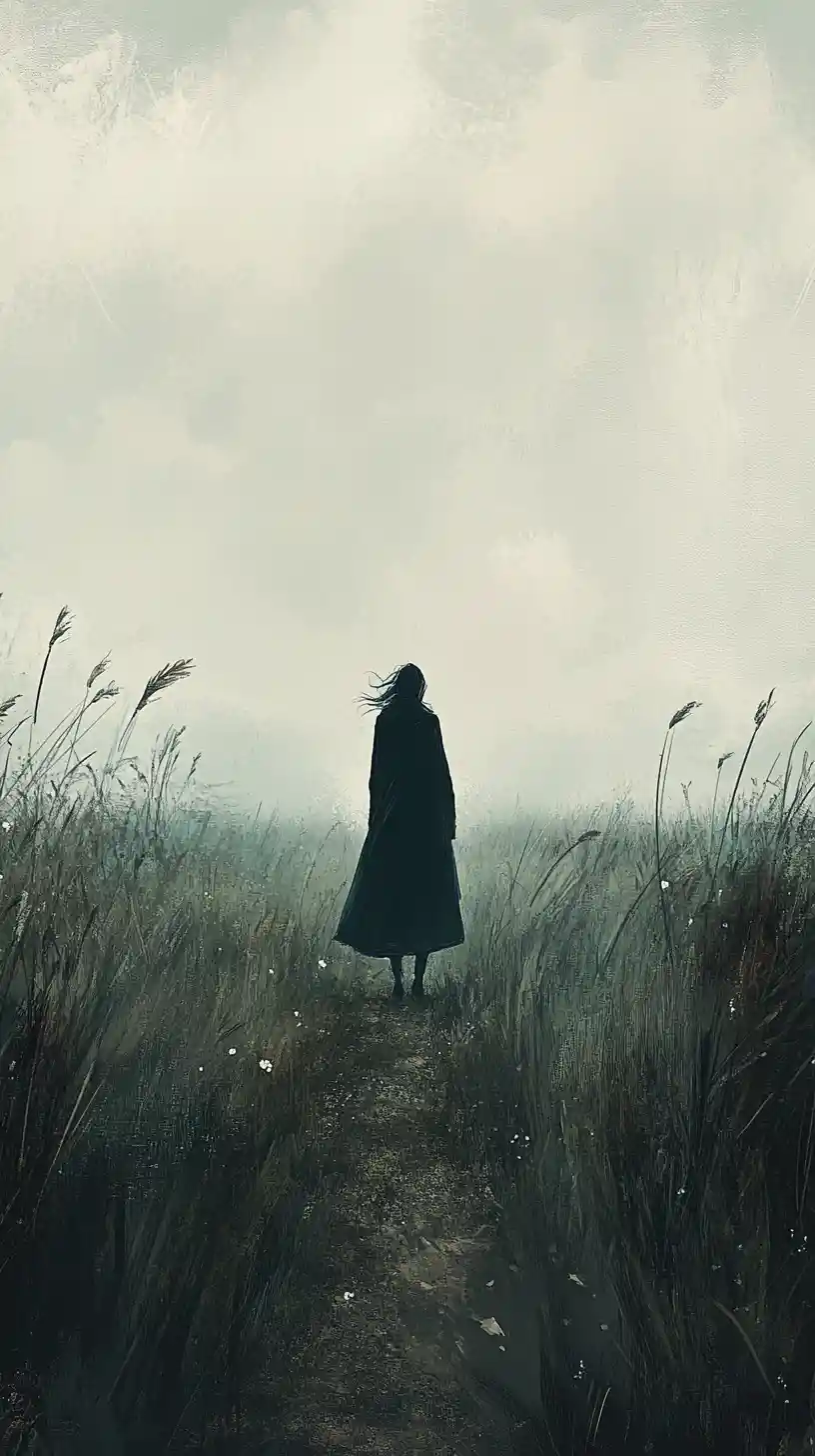 Mujer caminando sola por un sendero cubierto de maleza en un campo brumoso