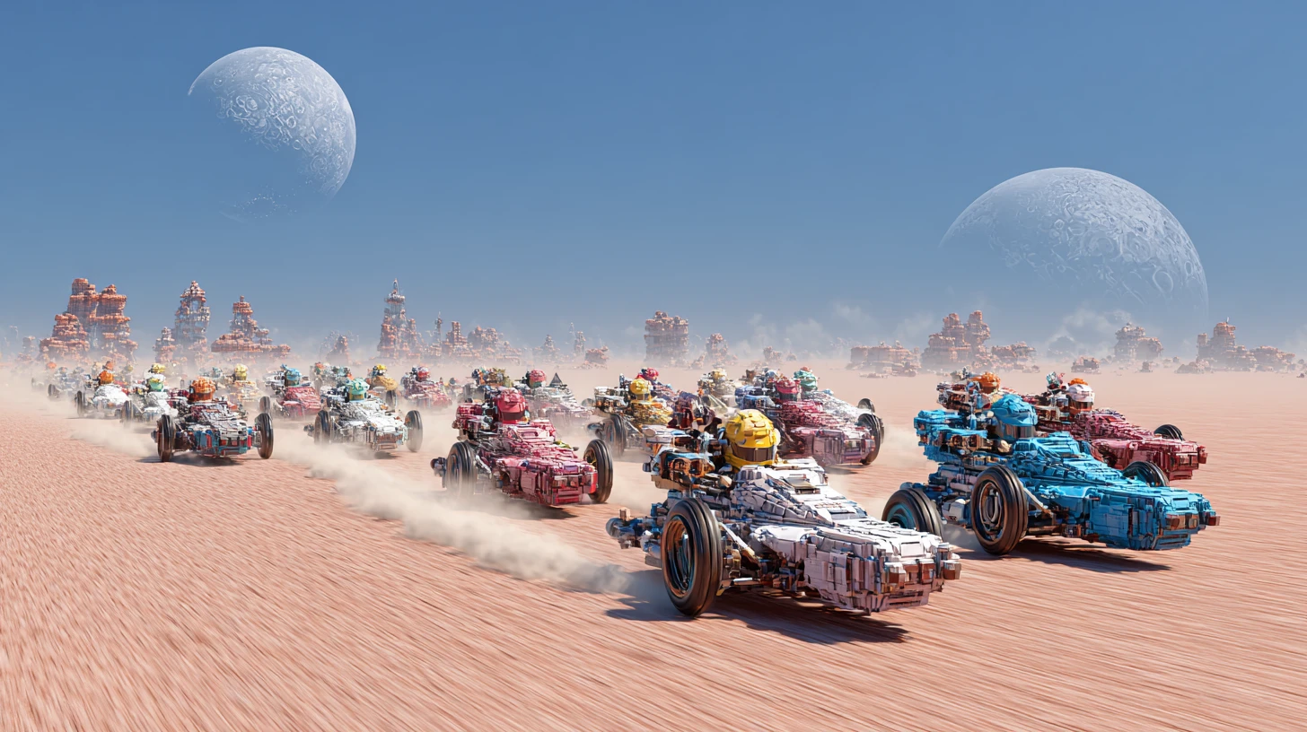 Homemade land speeders racing across a colorful desert