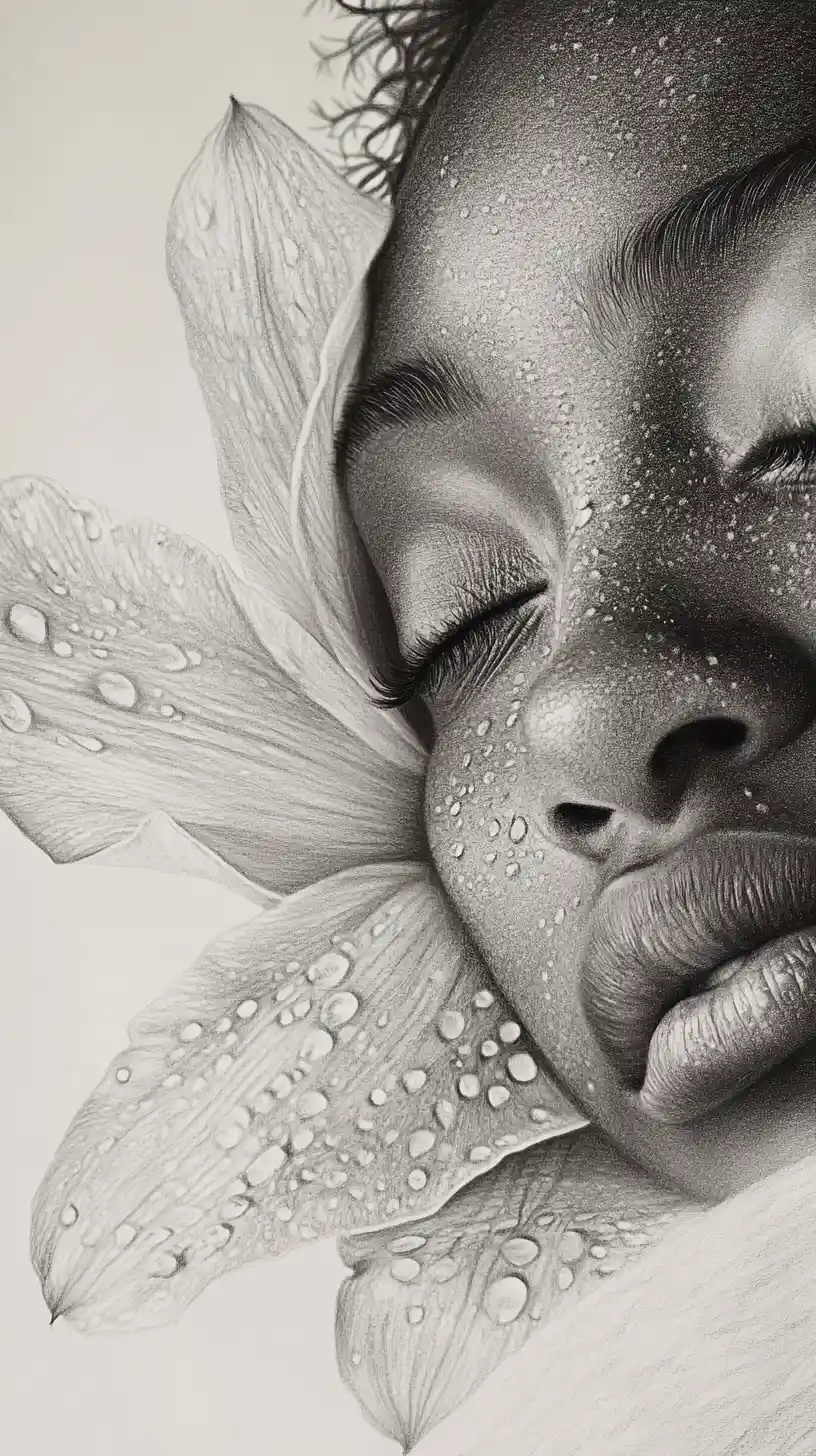 Sleeping fairy resting on a dewy flower in graphite drawing