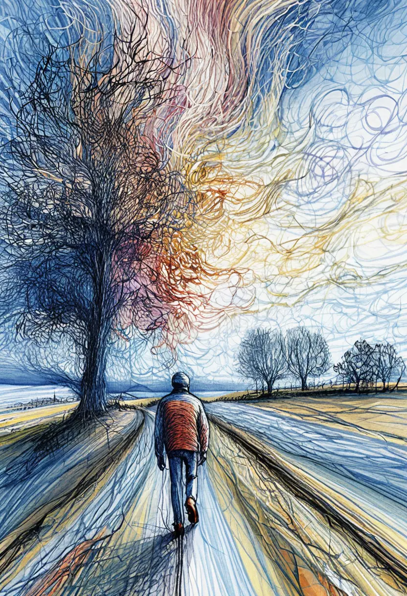 Figura solitaria su un sentiero di campagna in un paesaggio vivido a linee d’inchiostro