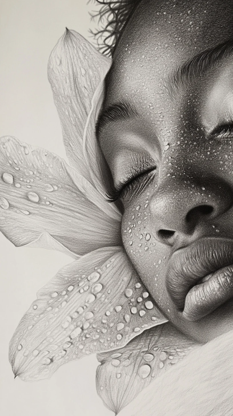 Sleeping fairy resting on a dewy flower in graphite drawing