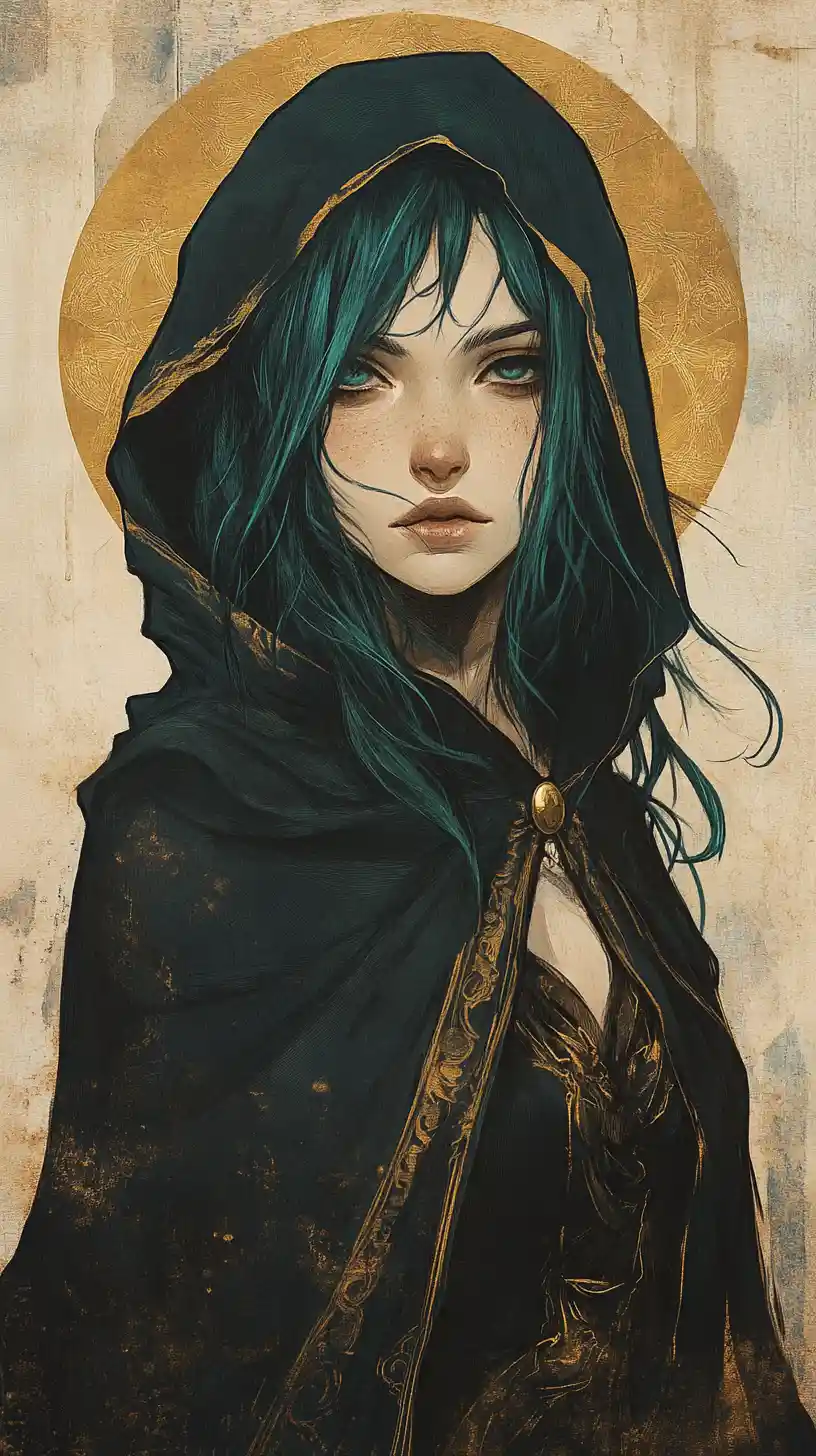 Mysterious teal haired girl in cloak with alchemy symbols