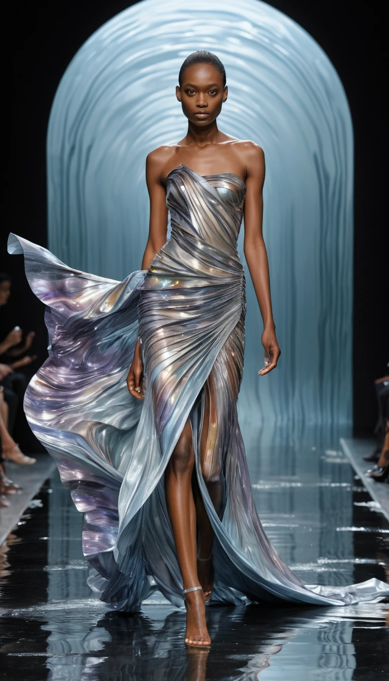 Surreal woman formed from flowing chrome and glass landscape