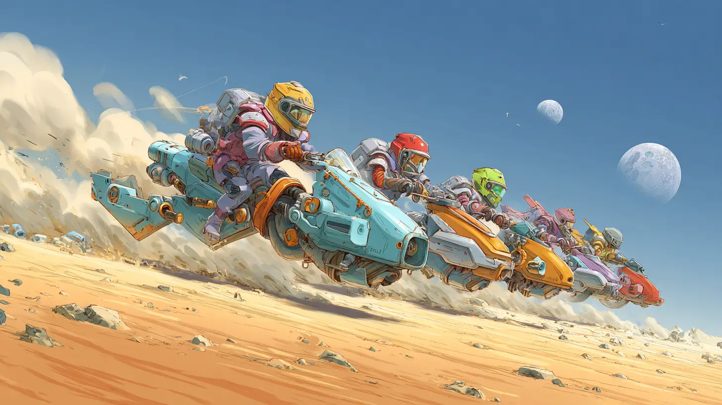 Colorful land speeders racing across a vibrant desert