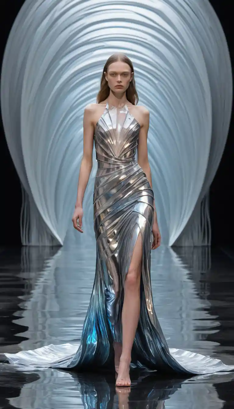 Surreal chrome woman strutting as a living landscape