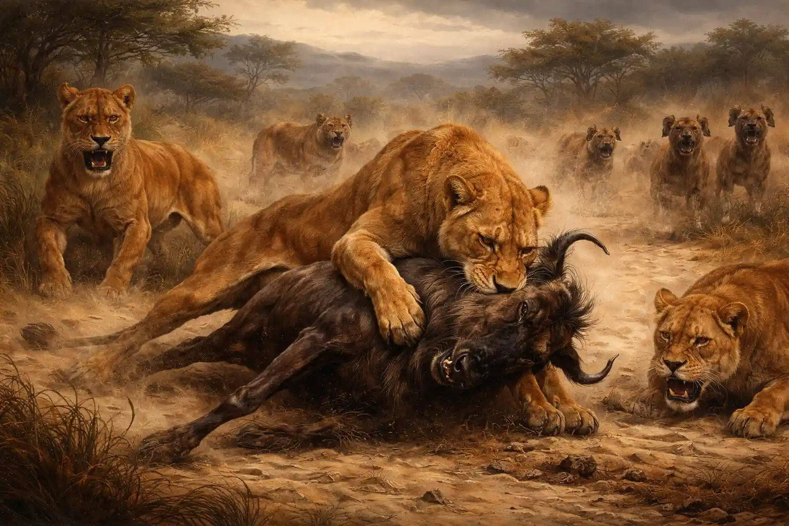 Leonas cazando un ñu en las llanuras africanas