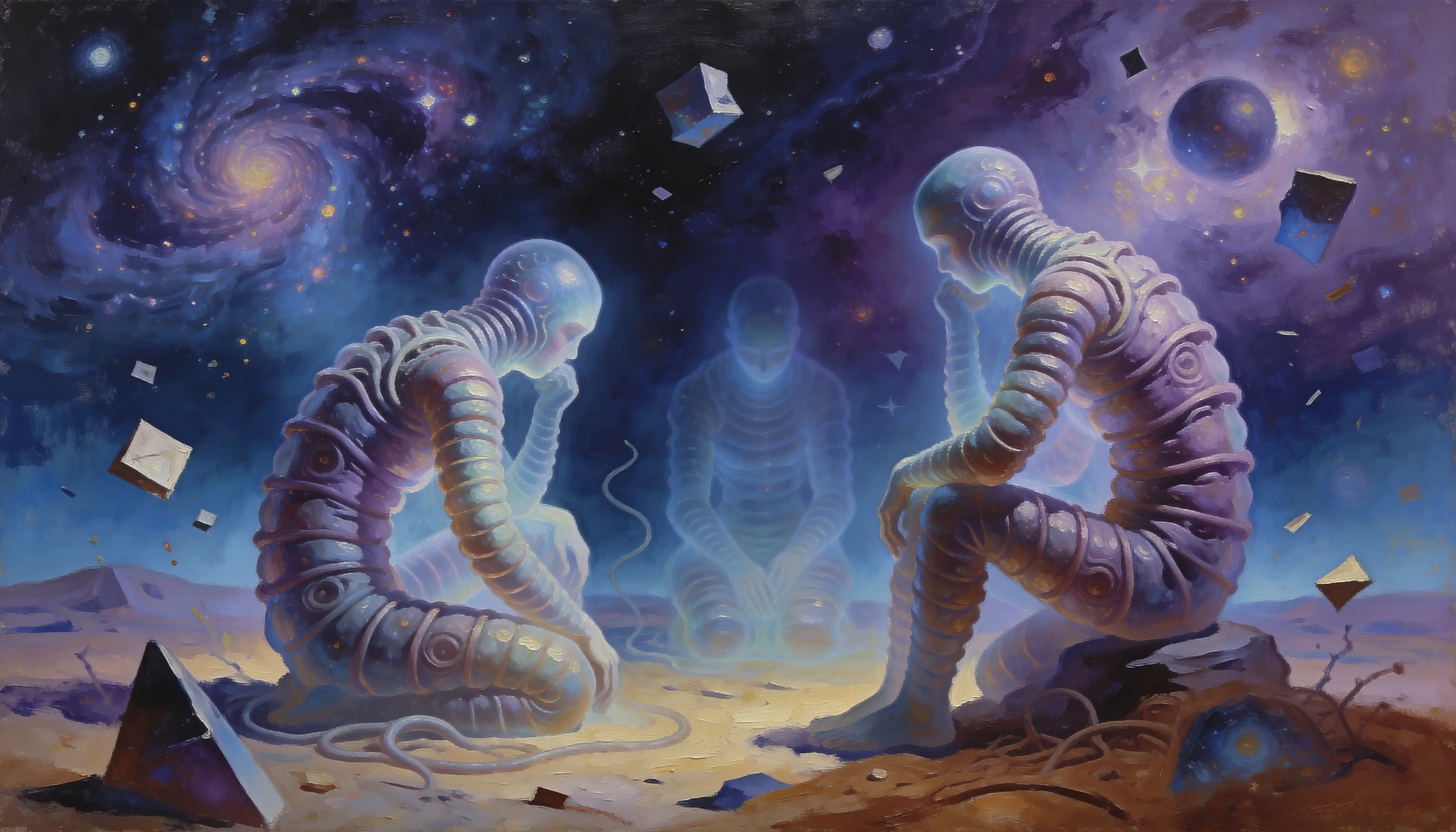 Surreal tubular creatures in a philosophical oil painting