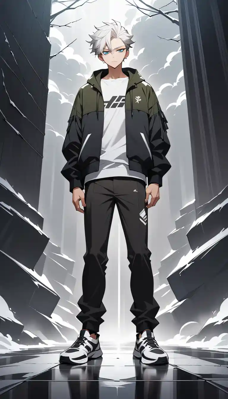 Hombre de anime de cabello blanco en escena exterior tormentosa
