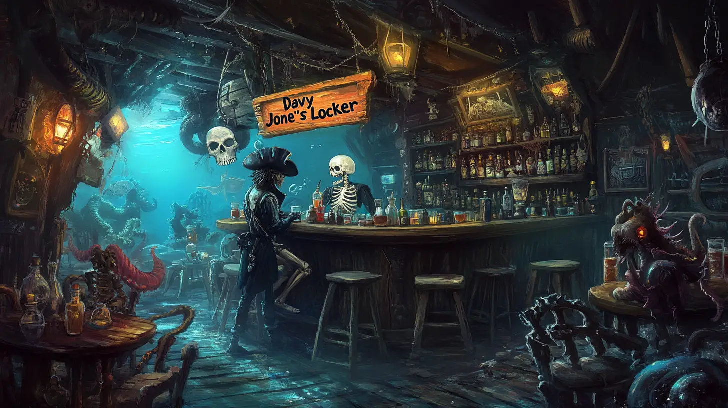 Skeleton pirate bartender in an underwater shipwreck tavern
