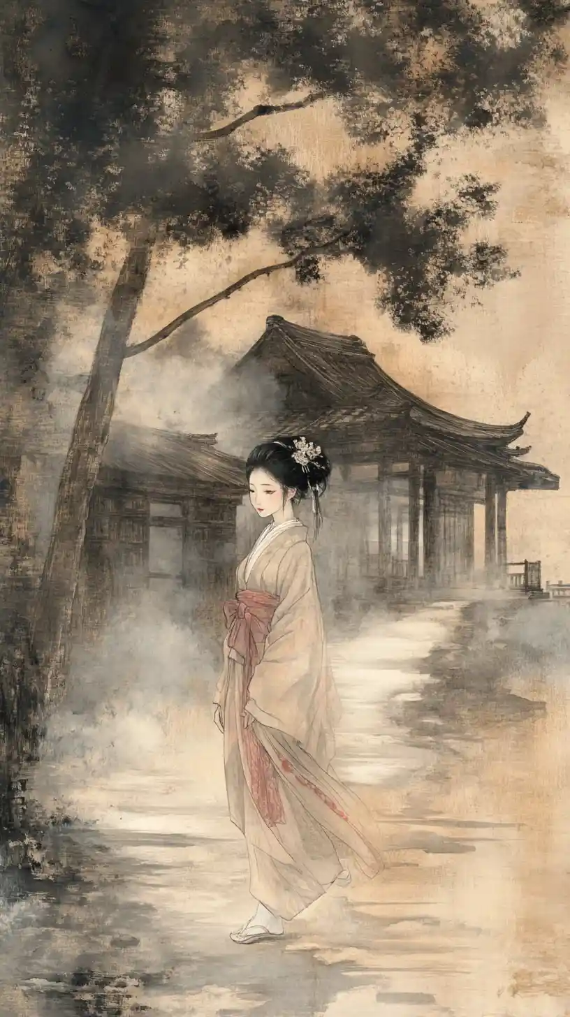 Giovane donna in kimono che cammina a piedi nudi su un molo di legno