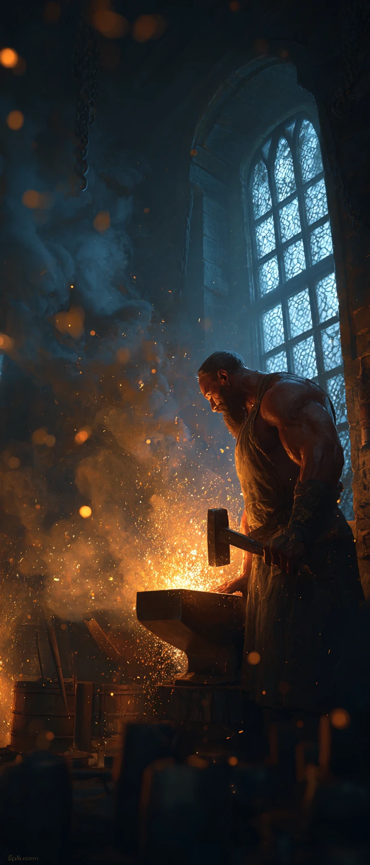 Blacksmith forging a glowing blade in a medieval workshop