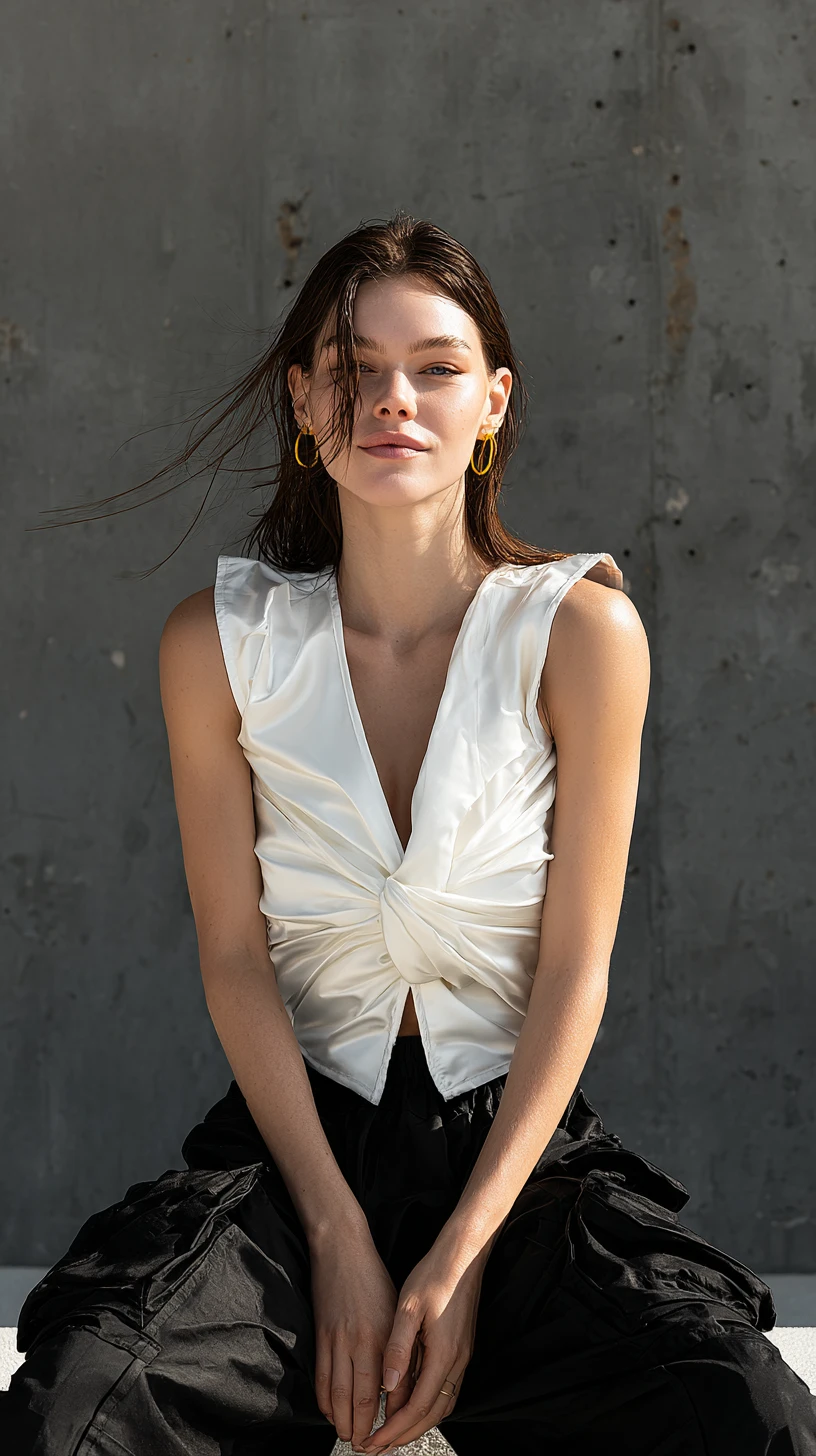 Femme brune sportive en débardeur ample en soie blanche