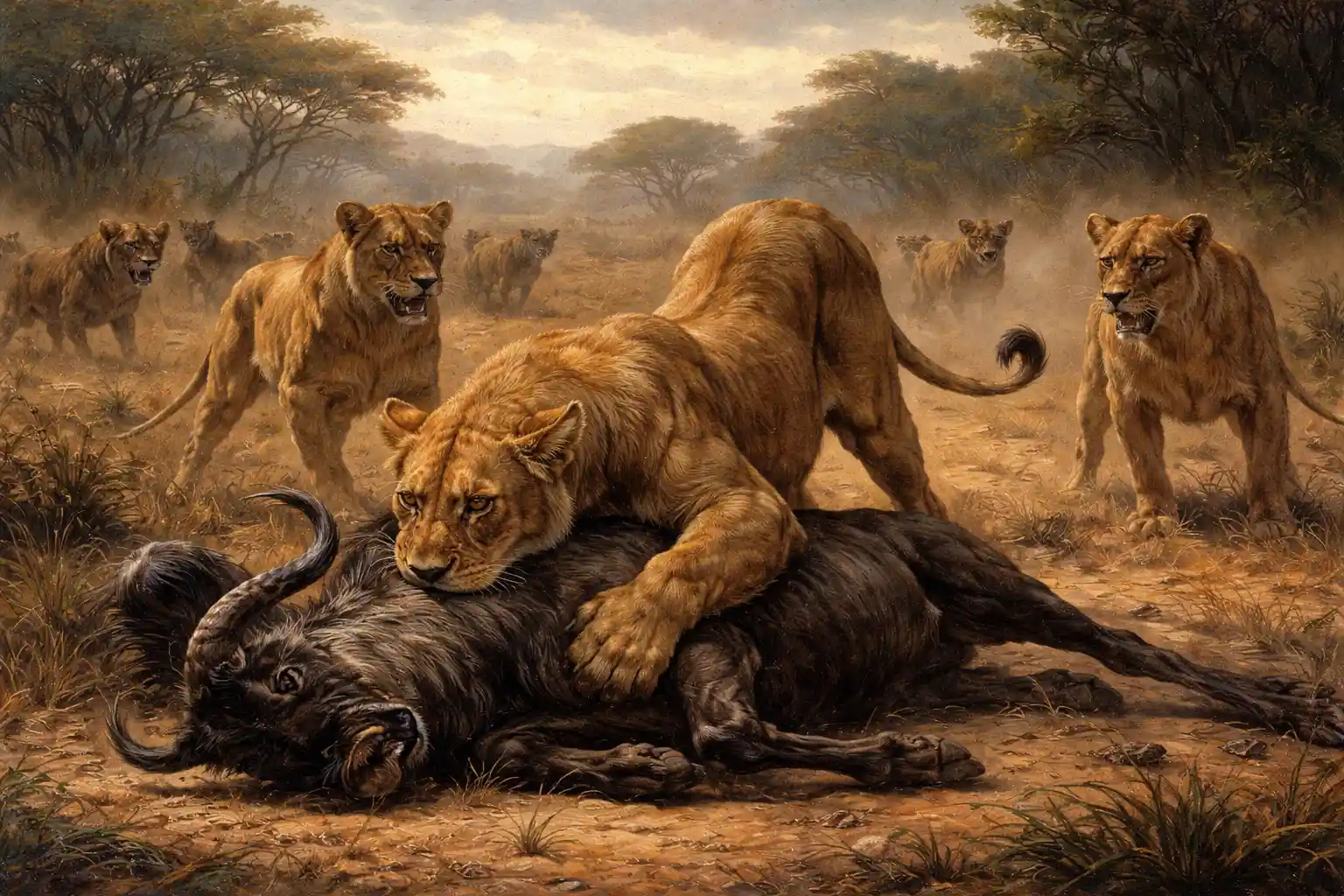 Leonas cazando un ñu en las llanuras africanas